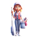 3D icon cute Young woman housewife cleaning the floor with a mop, people activity, daily routine cartoon style on Isolated