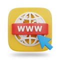 3D Icon of a Globe with W Text and a Cursor on a Yellow Square Background internet world wide web Royalty Free Stock Photo