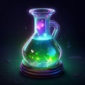 3D icon of green liquid in potion bottle on dark background generative AI Royalty Free Stock Photo