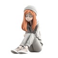 3d icon illustration lonely stress woman sitting young subdued female character sad thoughts. Depressed people concept on Isolated