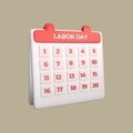 3D icon labor day calender rendered isolated on the colored background