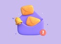 3d icon of mail envelope and bell in cartoon style. the concept of receiving notification, mailing. design for banner decoration