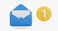 3D Icon of an Open Blue Envelope with a Blank White Card and a Yellow Notification Bubble with the Number 1 Royalty Free Stock Photo