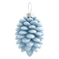 3d icon Pastel blue pine cone shaped christmas ornament hanging, with silver metallic top and transparent background Royalty Free Stock Photo
