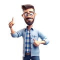 3D icon people kawaii cartoon of a smiling man points with index finger. Bright portrait of a teenage character isolated