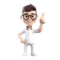 3D icon people kawaii cartoon of a smiling man points with index finger. Bright portrait of a teenage character isolated