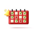 3d icon of red festive calendar with golden bell, holiday season with days countdown