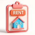 3D icon of Rent agreement on clipboard with house isolated on white background, 3d render Royalty Free Stock Photo