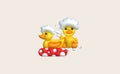 3d icon. Rubber duck playing in bubble bath or bath toy with rubber ring. Cute rubber floating for children