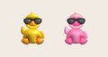 3d icon.Rubber duck wearing black glasses or ducky bath toy flat. Cute rubber floating for children