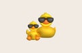 3d icon.Rubber duck wearing black glasses or ducky bath toy flat. Cute rubber floating for children