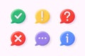 3d icon set of check mark, information icon, chat, cross, question mark, exclamation point, FAQ sign. Tick, question, information