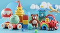 The 3d icon set contains train, plane, castle, ball, cubes, bear, and other kids toys. Royalty Free Stock Photo