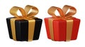 3d icon set of giftbox. Black and red gift box with gold satin bow isolated on white background. Cube shape present box Royalty Free Stock Photo