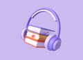 3d icon of stack of books and headphones in cartoon style. the concept of listening to audiobooks. illustration isolated on purple Royalty Free Stock Photo