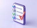 A 3D icon of a task checklist with floating checkmarks, minimalist design, productivity theme