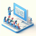 3D icon of a teacher near a board and a class with children in isometric style on a white background Royalty Free Stock Photo