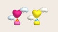 3d icon. Traveling with a heart shaped hot air balloon flying gas and clouds. Minimal style icon