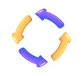 3d icon vector yellow and purple four round cycle arrows. Mesh concept of reload files or information. Round reboot