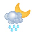 3d icon with weather conception. The moon, the clouds and the rain. Night rainy weather. Vector illustration