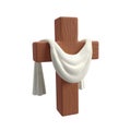 3d icon Wooden Cross with white cloth textile, symbol of the resurrection of Jesus Christ. He is risen. Easter resurrection Royalty Free Stock Photo