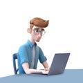 3D icon Young business man working with his laptop in the office or home, employee, freelancer programmer cartoon close up Royalty Free Stock Photo