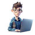 3D icon Young business man working with his laptop in the office or home, employee, freelancer programmer cartoon close up