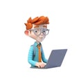 3D icon Young business man working with his laptop in the office or home, employee, freelancer programmer cartoon close up Royalty Free Stock Photo