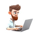 3D icon Young business man working with his laptop in the office or home, employee, freelancer programmer cartoon close up Royalty Free Stock Photo