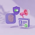 3D Icons of Fingerprint, Shield with Toggle Switch, and ID Card with Checkmark on Purple Background Royalty Free Stock Photo