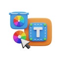 3D Icons Representing Color Wheel, Text Tool, and Cursor for Graphic Design tools software Royalty Free Stock Photo