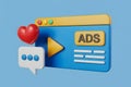 3D Icons: Video Player, Ads, Heart, and Chat Bubble on Blue Background Royalty Free Stock Photo