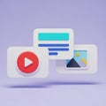 3D icons of video player, document, and image on purple background play button text Royalty Free Stock Photo