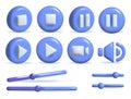 3d icons for videos. Stop and play icon on the blue circle. Volume and brightness slider