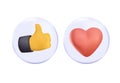 3d icons, volume thumb up gesture and heart as likes on red and blue circles. Thumbs, heart icon. Vector love and love Royalty Free Stock Photo