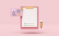 3d Id card with checklist paper, clipboard, pencil isolated on pink background. recruitment staff, human resources, job search,