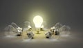 3d idea light bulbs, one leading light bulb while other unlit lying on ground, depth of field Royalty Free Stock Photo