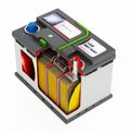 3D illlustration of a generic car battery showing a portion of the battery interior structure