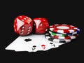 3d Illustartion of casino Dices, Play Card and Poker Chips. isolated black Royalty Free Stock Photo