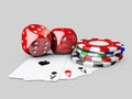 3d Illustartion of casino Dices, Play Card and Poker Chips. isolated white Royalty Free Stock Photo