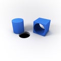3D Illustrated Blue Square Peg Cylinder and a Round Hole on a Bright White Background. Royalty Free Stock Photo