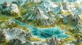 A 3D illustrated colorful landscape model with mountains, valleys