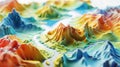 A 3D illustrated colorful landscape model with mountains, valleys