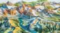 A 3D illustrated colorful landscape model with mountains, valleys