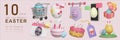 3D illustrated cute festive set of shopping Easter Egg icons. cart, egg, sign, gift, calendar, rabbit, cake, tags, chick Royalty Free Stock Photo