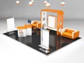 3d Illustrated unique creative exhibition stand display design with table and chair, info board, roll up