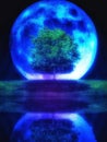 3d illustration of a glowing abstract blue full moon and a lone green tree