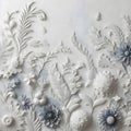 3d render, white decorative background with embossed floral ornament