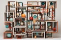 3d illustration of abstract geometric composition made of wooden cubes and balls, nested boxes, The boxes are interconnected by