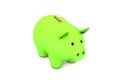 3d illustration: Acid green piggy bank with golden copper coin on a white isolated background